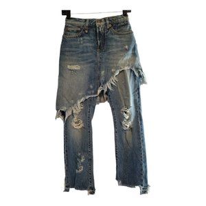 R13 Blue Distressed Straight Leg Jeans with Skirt Overlay